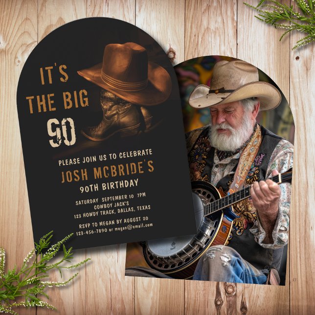 90th Birthday Photo Rustic Cowboy Hat Boots Invitation (Creator Uploaded)