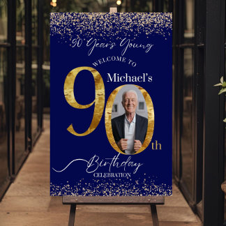 90th Birthday Photo Welcome Sign Template, Navy &