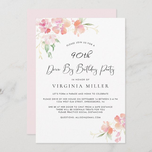 90th Birthday Pink and Gold Floral Drive By Party Invitation (Front/Back)