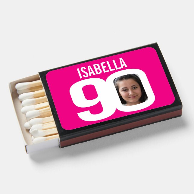 90th birthday pink and white custom photo name  matchboxes (Front Open)
