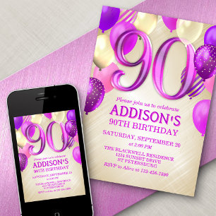 90th Birthday Pink Balloons Invitation