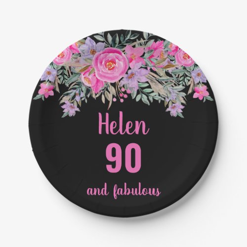 90th birthday pink black watercolor floral  paper plates