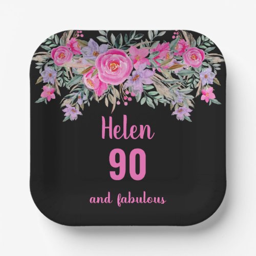 90th birthday pink black watercolor floral  paper plates