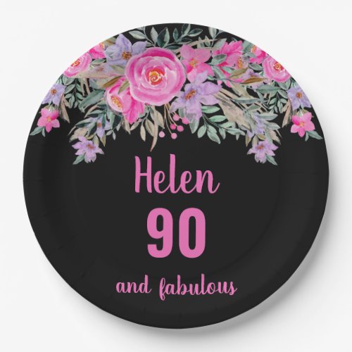 90th birthday pink black watercolor floral  paper plates