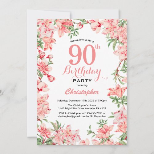 90th Birthday Pink Boho Botanical Floral Flowers Invitation