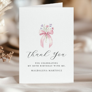 90th Birthday Pink Bow Wildflower Folded Letterpress Thank You Card