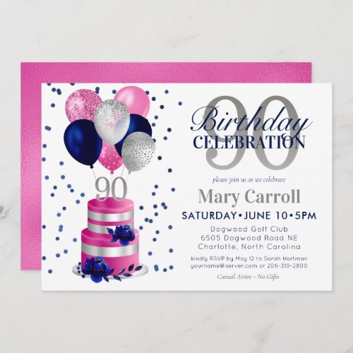 90th Birthday Pink Cake Invitation