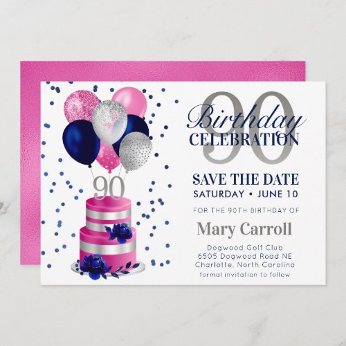 90th Birthday Pink Cake Save The Date Invitation