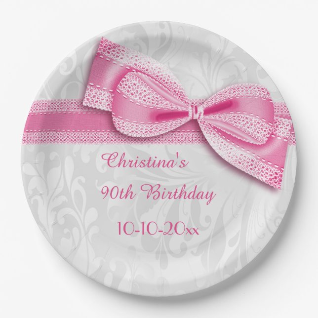 90th Birthday Pink Damask and Faux Bow Paper Plates (Front)