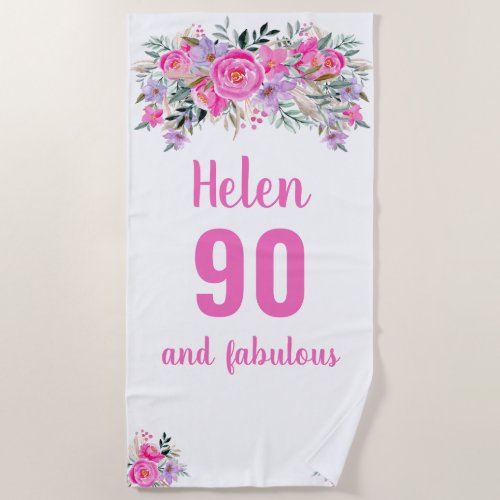 90th birthday pink floral  beach towel