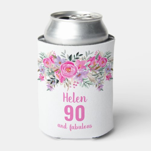 90th birthday pink floral can cooler