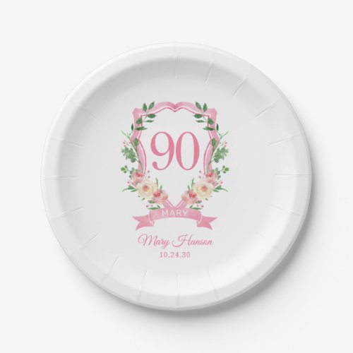 90th Birthday Pink Floral Crest Paper Plates