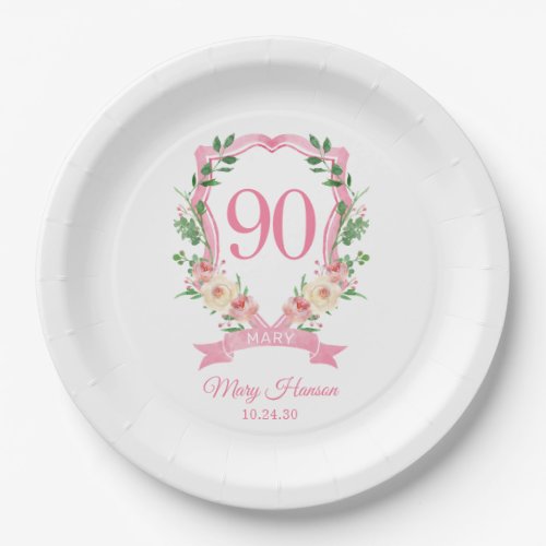90th Birthday Pink Floral Crest Paper Plates
