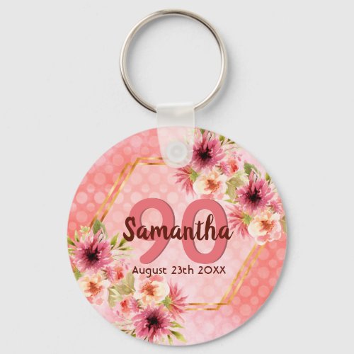 90th birthday pink floral geometric name keychain