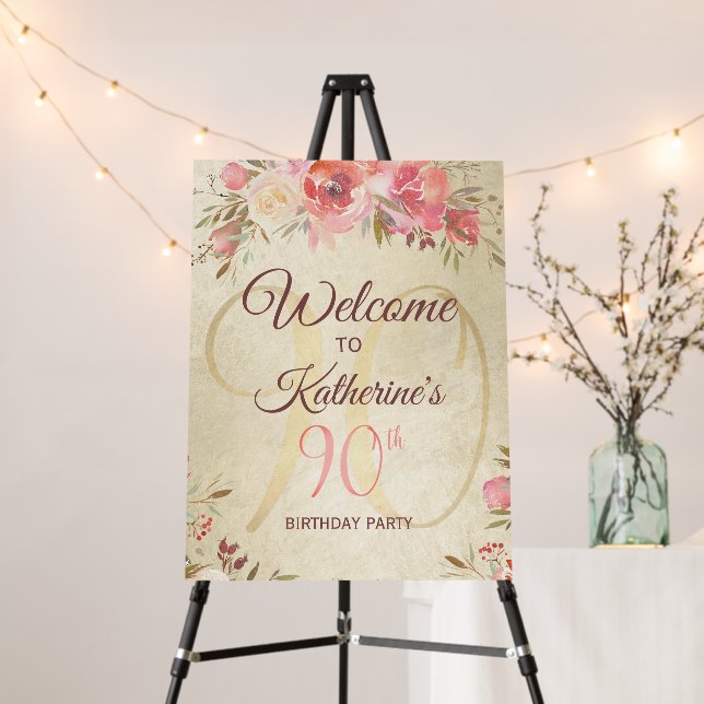 90th Birthday Pink Floral Gold Shimmer  Foam Board (In Situ (Stand))