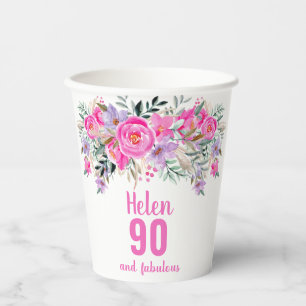 90th birthday pink floral paper cups