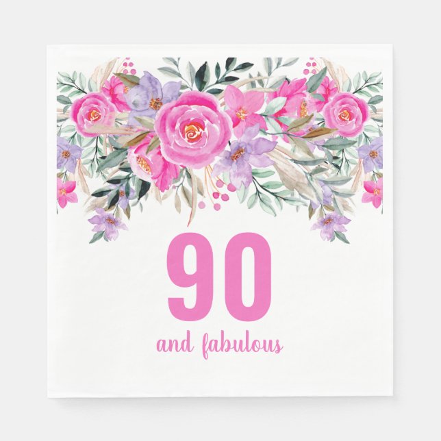 90th birthday pink floral party napkins (Front)