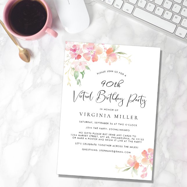 90th Birthday Pink Floral Watercolor Virtual Party Invitation (Creator Uploaded)