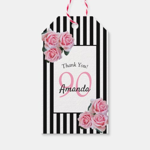 90th birthday pink florals on black white stripes gift tags