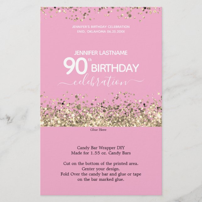 90th Birthday Pink Glitter Candy Bar Wrapper (Front)