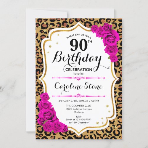 90th Birthday _ Pink Gold Leopard Print Invitation