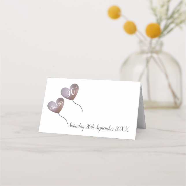 90th birthday pink heart balloon place card (Front)