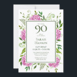 90th Birthday Pink Hydrangeas Card Request<br><div class="desc">This pink hydrangea 90th Birthday invitation with card request on the back is perfect for celebrating your wife, mom, aunt, sister, friend, grandmother. It's lovely watercolor flowers and clean type make it stunning, modern yet classic! It's super easy to make these invitations by selecting Personalize this template and typing in...</div>