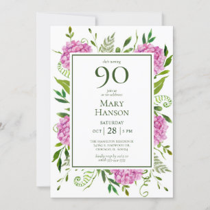 90th Birthday Pink Hydrangeas Invitation