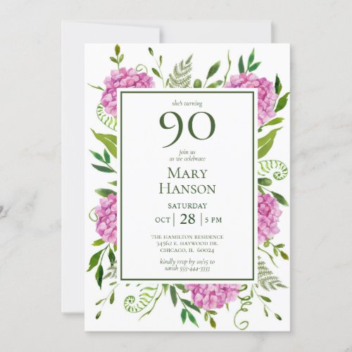 90th Birthday Pink Hydrangeas Invitation