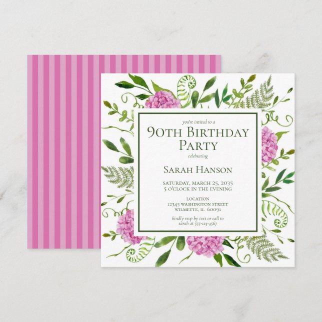 90th Birthday Pink Hydrangeas Invitation (Front/Back)