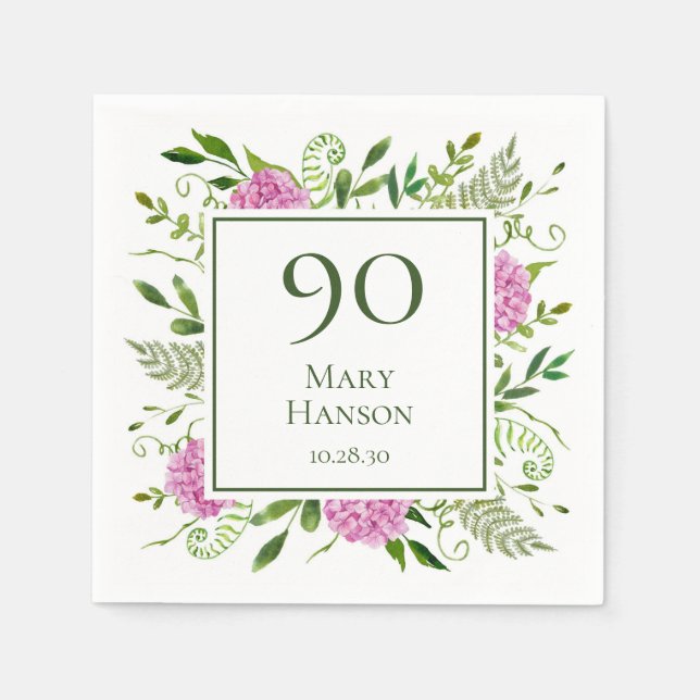 90th Birthday Pink Hydrangeas Napkins (Front)