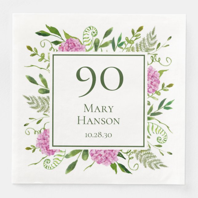 90th Birthday Pink Hydrangeas Paper Dinner Napkins (Front)