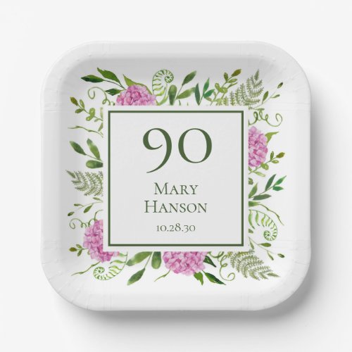 90th Birthday Pink Hydrangeas Paper Plates