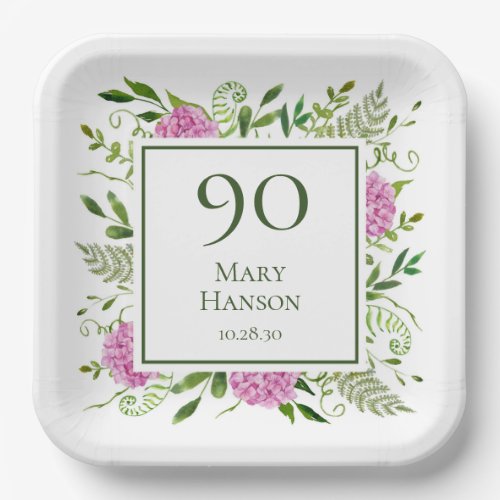 90th Birthday Pink Hydrangeas Paper Plates