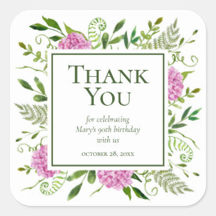 90th Birthday Pink Hydrangeas Thank You Square Sticker