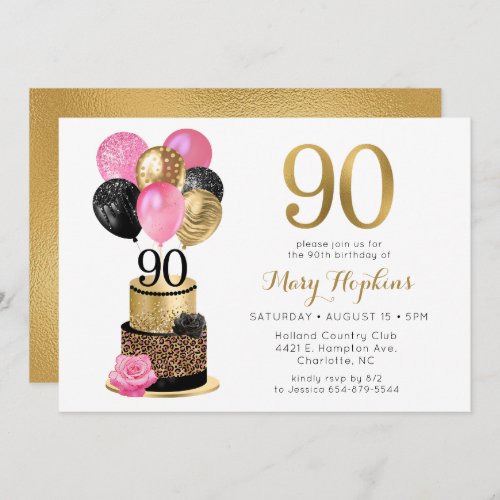 90th Birthday Pink Leopard Cake Invitation