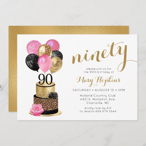 90th Birthday Pink Leopard Cake Invitation