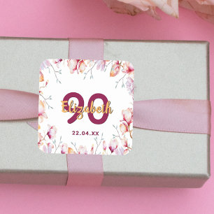 90th birthday pink magnolia florals white square sticker