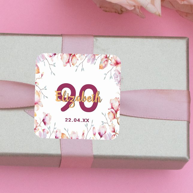 90th birthday pink magnolia florals white square sticker (Creator Uploaded)