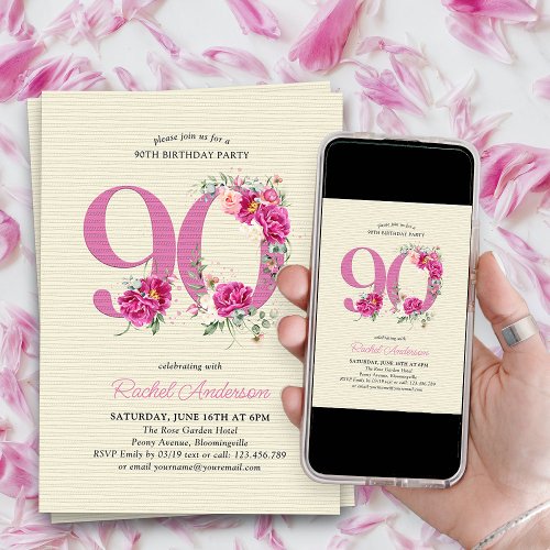 90th Birthday Pink Peony Floral Number 90 Invitation
