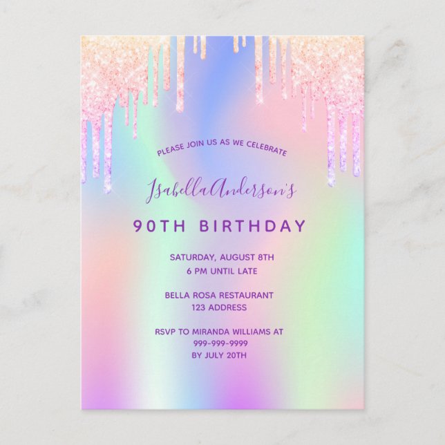 90th birthday pink purple holographic invitation postcard (Front)