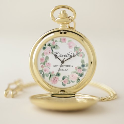 90th Birthday Pink Rose Floral Eucalyptus Wreath Pocket Watch