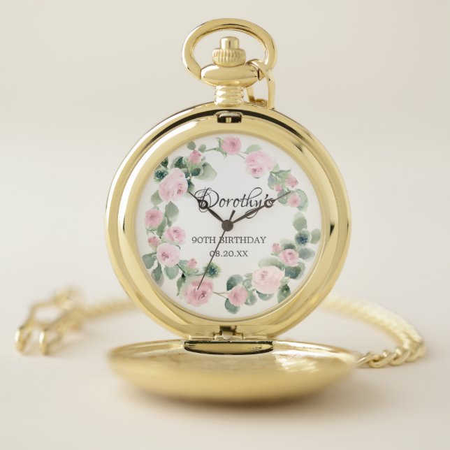 90th Birthday Pink Rose Floral Eucalyptus Wreath Pocket Watch (Inside)
