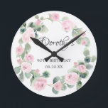 90th Birthday Pink Rose Floral Eucalyptus Wreath Round Clock<br><div class="desc">A gift or keepsake for a 90th birthday. Pink roses are nestled in green eucalyptus leaves. The name is written in beautiful calligraphy with 100th birthday and date below.</div>