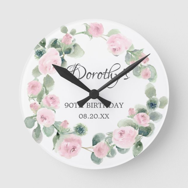 90th Birthday Pink Rose Floral Eucalyptus Wreath Round Clock (Front)