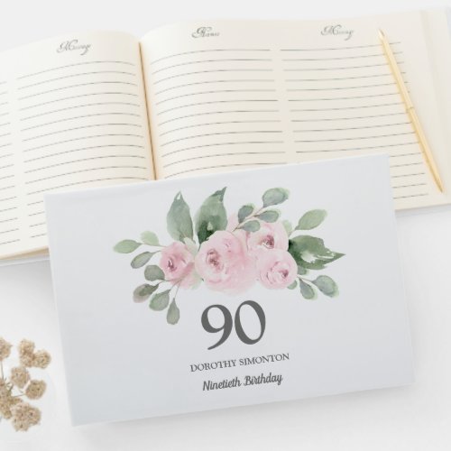 90th Birthday Pink Rose Floral Guest Book