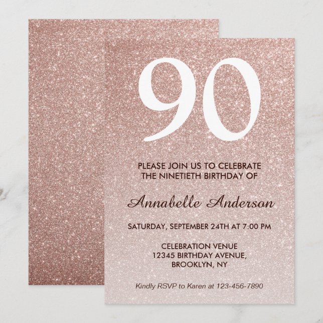90th Birthday Pink Rose Gold Glitter Sparkle Ombre Invitation (Front/Back)