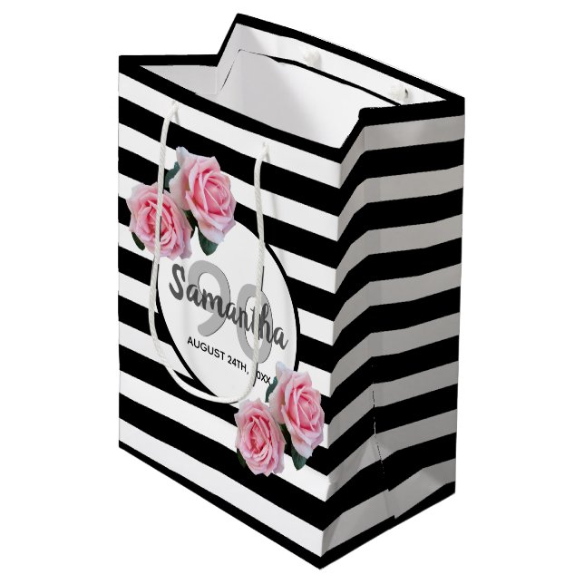 90th birthday pink roses black white stripes medium gift bag (Front Angled)