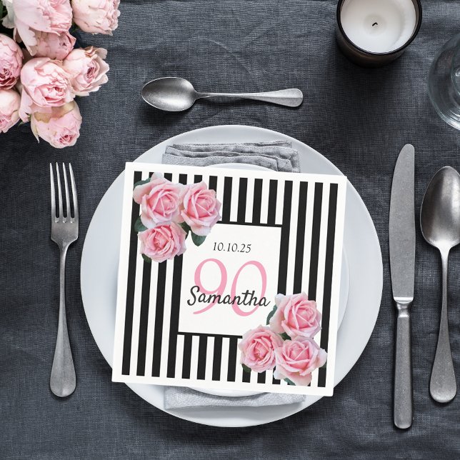 90th birthday pink roses black white stripes napkins (Creator Uploaded)