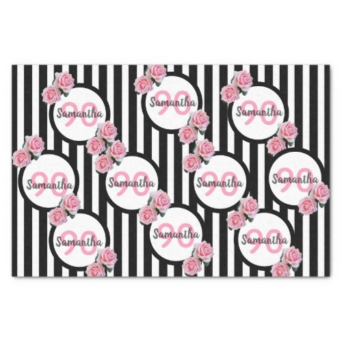 90th birthday pink roses black white stripes tissue paper